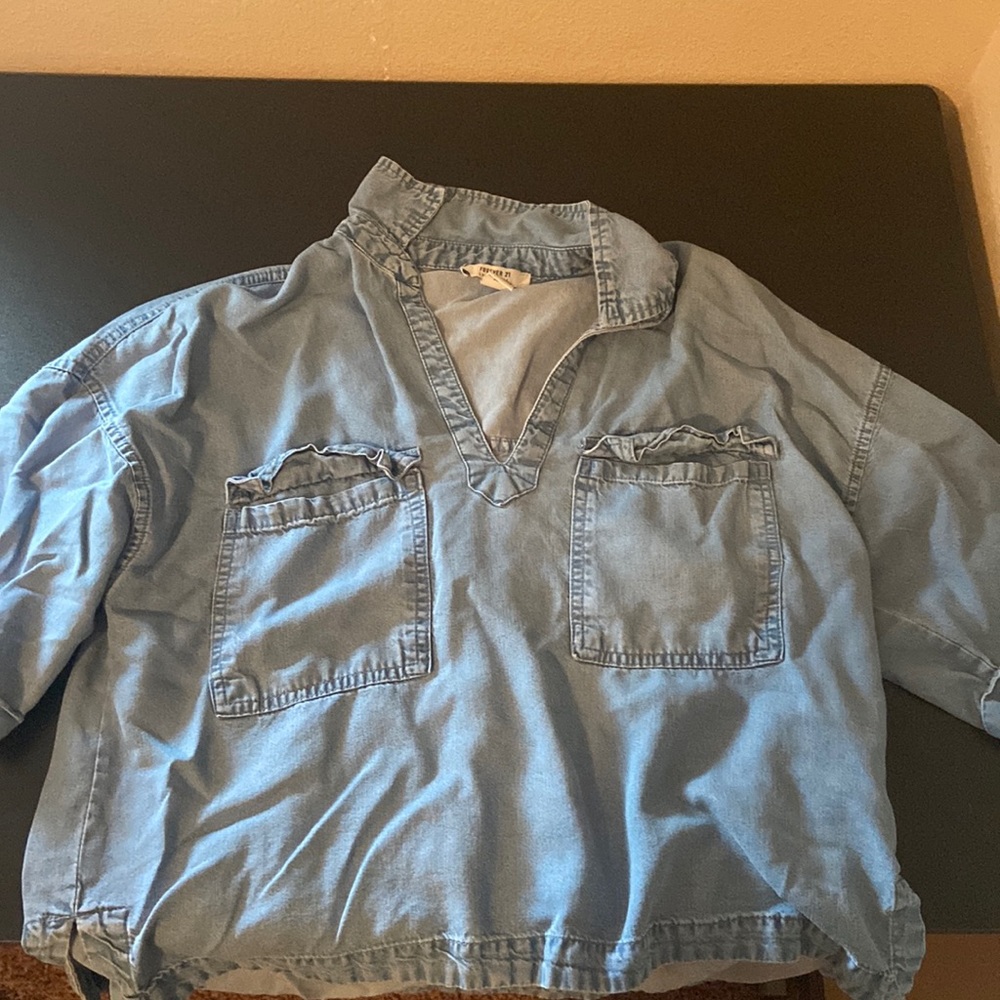 Denim Short Sleeve Collared Top